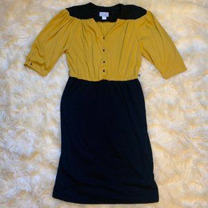 Vintage 80s Mustard and Black Elastic Waist Button Dress